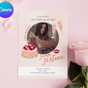 Canva bewerkbare sjabloon, digitale uitnodiging, uitnodiging voor feest, roze esthetische verjaardagsuitnodiging, afdrukbare uitnodiging
