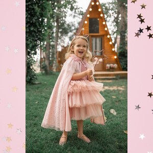 Kids Magic Cape with Tulle and Glowing Stars Rose Gold Printing,Birthday,Party Ideas,Pinky Soft Glowy Cape Fairy