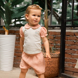Muslin Set for Baby and Kids-Summer Girl Clothes,%100 Cotton,Baby Blue,Pink,Creme Color Alternative,Toodler Blouse and Short,Baby Gift Idea