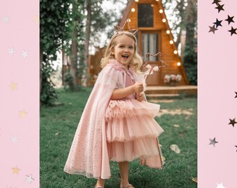 Kids Magic Cape Set with Tulle and Glowing Stars Rose Gold Printing,Birthday,Party Ideas,Pinky Soft Glowy Cape Fairy