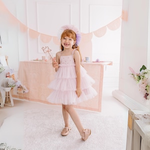 Pink Tulle Party Dress, Flower Girl Dress, Satin & Pearl Detail