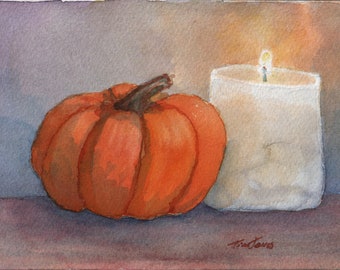 Postcard Holiday Pumkin Watercolor Art Pumpkin Candle Thanksgiving Postcard