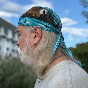 Hand-Painted Southwest Do-Rag: Eagle & Wolf Biker Head Wrap