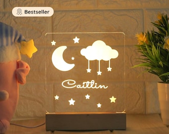 Veilleuse Personnalisée pour Bébé - Lampe Prénom avec Nuage - Decoration Chambre Enfant - Cadeau Naissance Personnalisable - Lampe en bois