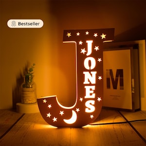 Personalized Name Lamp Child's Room Decoration Baby Wooden Night Light Customizable Birth Gift Star Moon image 4