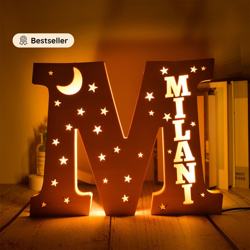 Personalized Name Lamp Child's Room Decoration Baby Wooden Night Light Customizable Birth Gift Star Moon image 5