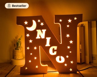Personalized First Name Lamp - Child's Room Decoration - Customizable Birth Gift - Wooden Moon Letter Night Light - Baby Room Decor