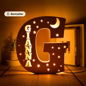 Personalized Name Lamp Child's Room Decoration Baby Wooden Night Light Customizable Birth Gift Star Moon image 1