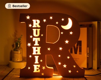 Personalized Name Lamp - Child's Room Decoration - Baby Night Light with Wooden First Name - Customizable Birth Gift - Star