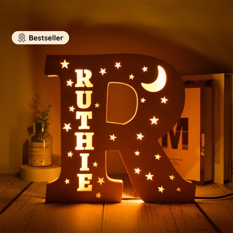 Personalized Name Lamp Child's Room Decoration Baby Wooden Night Light Customizable Birth Gift Star Moon image 6