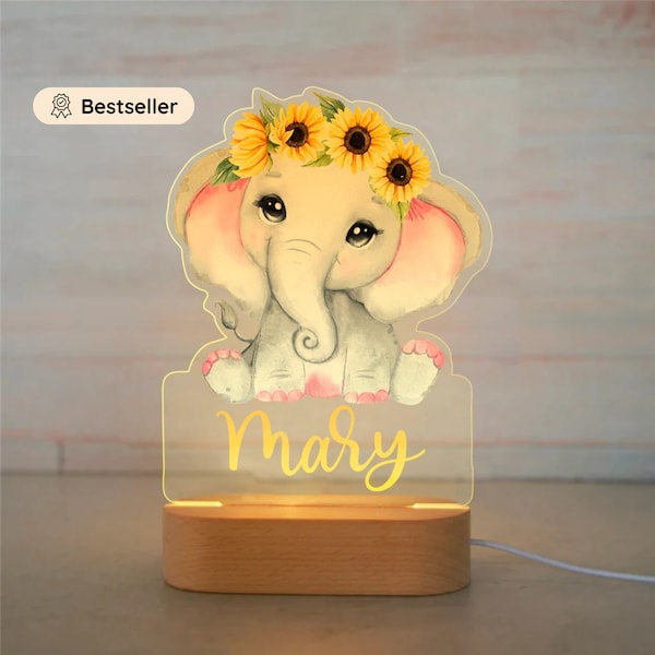 Veilleuse Personnalisée Éléphant - Décoration Chambre Fille - Cadeau Naissance Prénom - Lampe chambre bébé - Thème Animaux de la savane