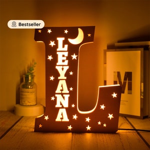 Personalized Name Lamp Child's Room Decoration Baby Wooden Night Light Customizable Birth Gift Star Moon image 8