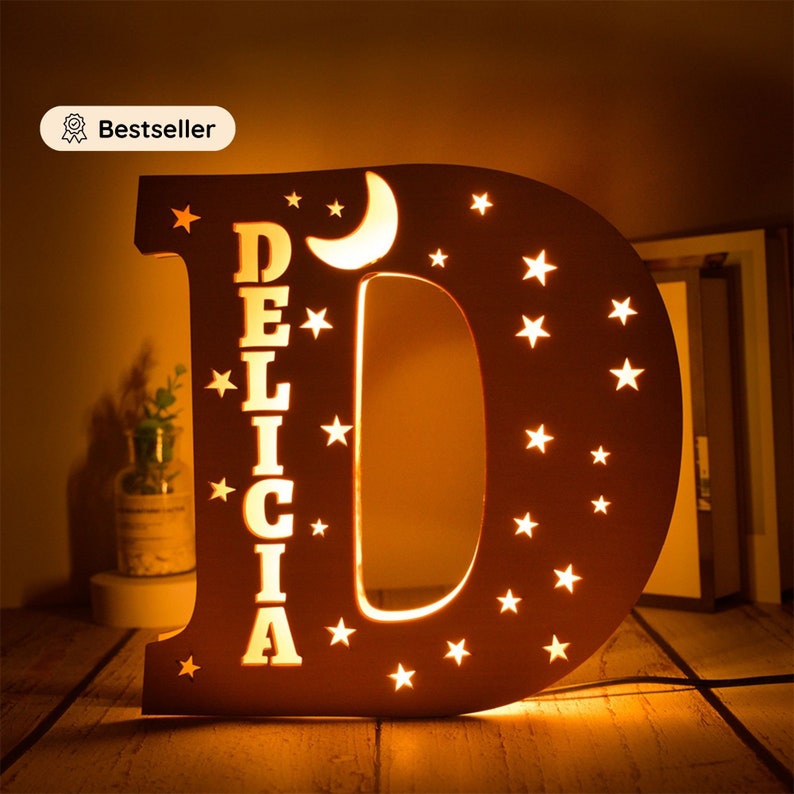 Personalized Name Lamp Child's Room Decoration Baby Wooden Night Light Customizable Birth Gift Star Moon image 7