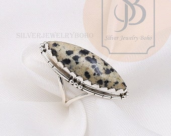 Sterling Silver Dalmatian Jasper Ring: Long Marquise Gemstone