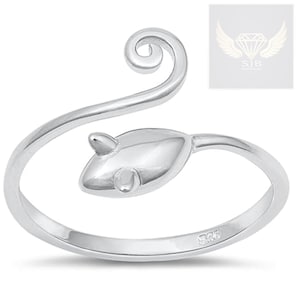 May include: A silver-colored ring featuring a mouse design. The ring has a curved tail and a mouse head with small ears and a round nose. The ring is made of a shiny metal and is likely adjustable.