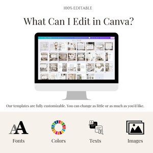 Op de afbeelding: Een computerscherm dat een Canva-ontwerptemplate weergeeft met de tekst "What Can I Edit in Canva?" Het scherm toont een raster met verschillende ontwerpelementen die kunnen worden bewerkt, waaronder tekst, afbeeldingen, kleuren en lettertypen. De tekst onder het scherm luidt "Onze sjablonen zijn volledig aanpasbaar. Je kunt zo weinig of zoveel aanpassen als je wilt."