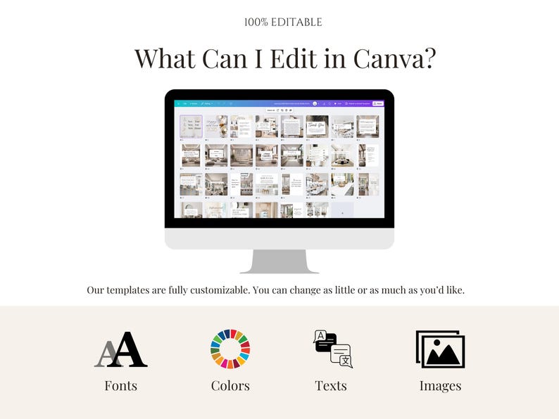 Op de afbeelding: Een computerscherm dat een Canva-ontwerptemplate weergeeft met de tekst "What Can I Edit in Canva?" Het scherm toont een raster met verschillende ontwerpelementen die kunnen worden bewerkt, waaronder tekst, afbeeldingen, kleuren en lettertypen. De tekst onder het scherm luidt "Onze sjablonen zijn volledig aanpasbaar. Je kunt zo weinig of zoveel aanpassen als je wilt."