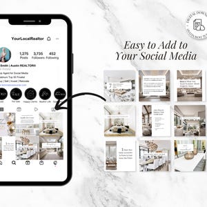 Op de afbeelding: Een screenshot van een social media post die het Instagram-profiel van een makelaar laat zien en een raster met negen afbeeldingen met interieurtips en luxe woningen. De tekst "Eenvoudig toe te voegen aan uw social media" wordt boven het raster met afbeeldingen weergegeven.
