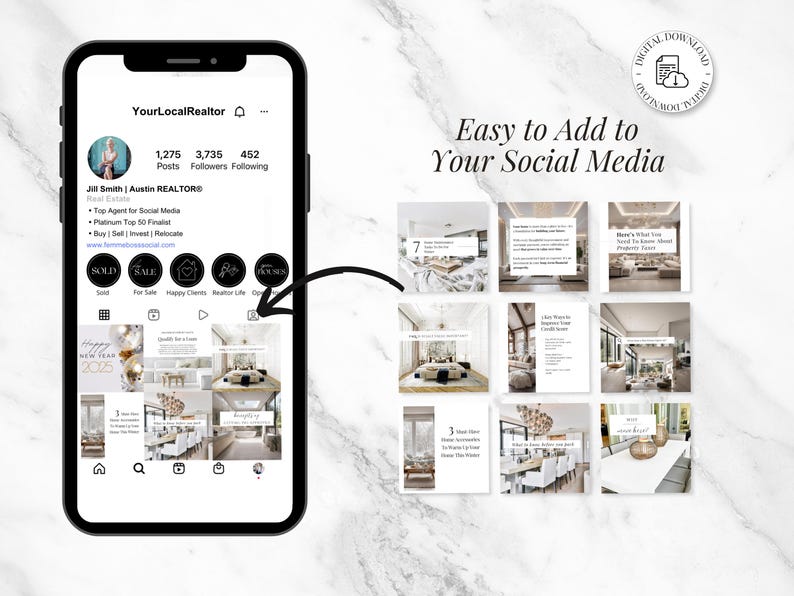 Op de afbeelding: Een screenshot van een social media post die het Instagram-profiel van een makelaar laat zien en een raster met negen afbeeldingen met interieurtips en luxe woningen. De tekst "Eenvoudig toe te voegen aan uw social media" wordt boven het raster met afbeeldingen weergegeven.