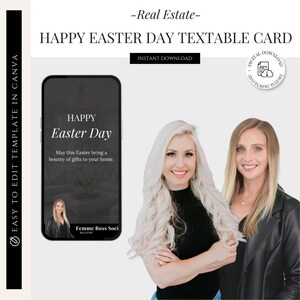 May include: A digital download for a Happy Easter Day text card. The card features a black and white design with the text "Happy Easter Day" and a message wishing someone a bounty of gifts. The card also includes the text "Femme Boss Soci" and the words "Real Estate" and "Instant Download".