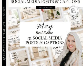 Op de afbeelding: Een collage van 31 social media berichten en bijschriften voor makelaars. De berichten bevatten afbeeldingen van huizen, interieurs en inspirerende citaten. De tekst bevat zinnen als "Klaar om te kopen?", "Woonkamerdoelen", "Tour met intentie" en "Maak de juiste eerste indruk".