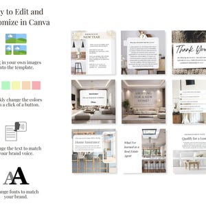 Op de afbeelding: Een set van negen Instagram-posttemplates voor makelaars. De templates bevatten verschillende afbeeldingen en tekst, waaronder een welkomstbericht, een nieuwjaarsgroet, een tip over woningverzekering, een tip over het winkelen voor een nieuw huis, een vraag over wat kopers zoeken in een huis, een lijst met dingen die je hebt geleerd als makelaar, een bedankbericht, een lijst met vragen die je moet stellen bij het kopen van een huis en een tip over hoe je je kunt kwalificeren voor een lening.