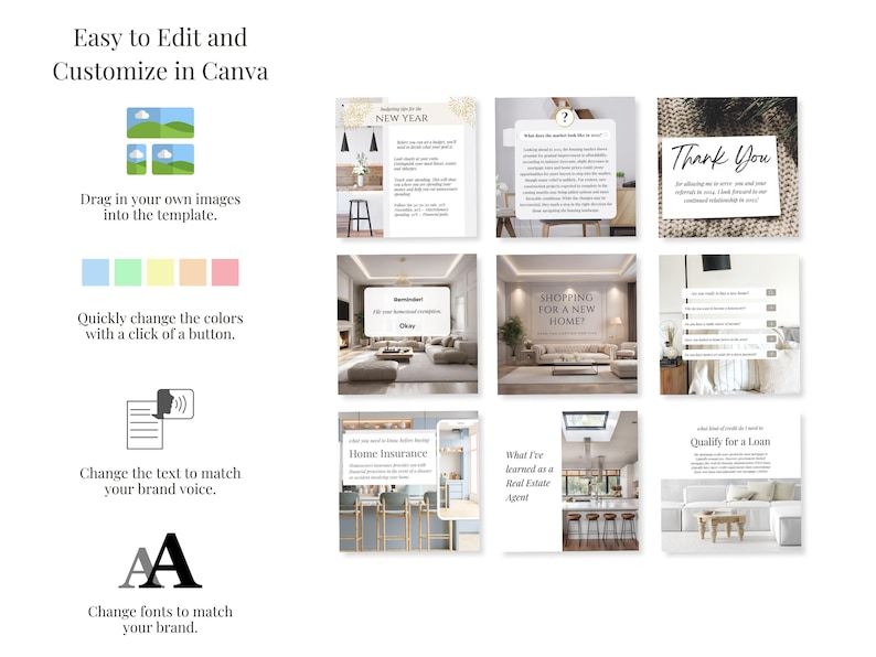Op de afbeelding: Een set van negen Instagram-posttemplates voor makelaars. De templates bevatten verschillende afbeeldingen en tekst, waaronder een welkomstbericht, een nieuwjaarsgroet, een tip over woningverzekering, een tip over het winkelen voor een nieuw huis, een vraag over wat kopers zoeken in een huis, een lijst met dingen die je hebt geleerd als makelaar, een bedankbericht, een lijst met vragen die je moet stellen bij het kopen van een huis en een tip over hoe je je kunt kwalificeren voor een lening.
