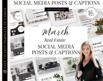 Op de afbeelding: Een collage van social media berichten en bijschriften voor makelaars. De berichten bevatten afbeeldingen van huizen, lentebloemen en een vrouw in een zwart colbert. De tekst bevat zinnen als "Warming 7 Ideas", "Spring into a Homeowner" en "Referrals".