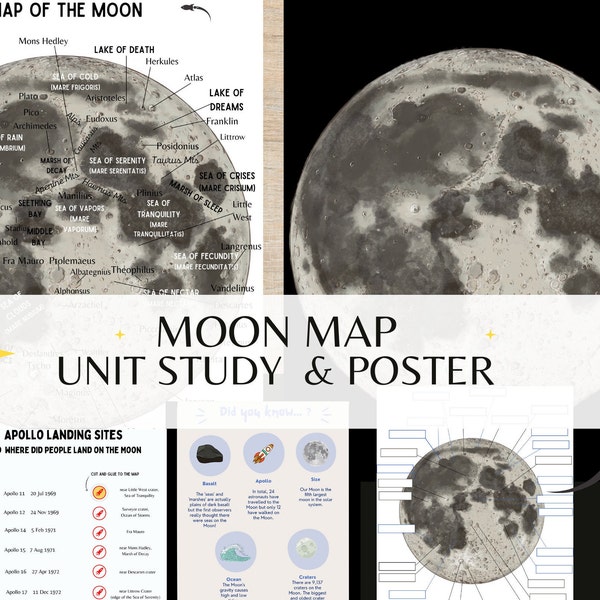 Moon Map with labels, poster and Moon landing pages | Printable