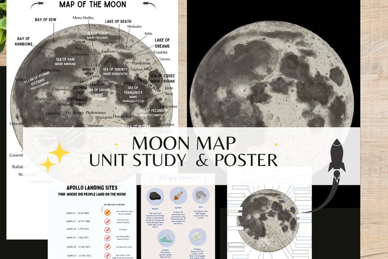 Moon Map with labels, poster and Moon landing pages Printable image 1