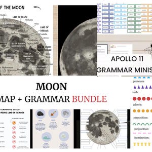 May include: A bundle of educational materials featuring a map of the moon, a close-up of the moon, and grammar exercises. The text "MOON MAP + GRAMMAR BUNDLE" is displayed prominently. The Apollo 11 grammar miniset is also shown.