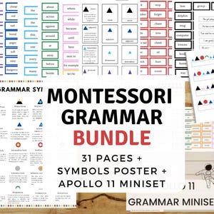 Op de afbeelding: Een verzameling Montessori-grammatica leermaterialen. De afbeelding toont flashcards met woorden en grammaticasymbolen, samen met een poster en een Apollo 11 miniset. De tekst luidt "Montessori Grammar Bundle".