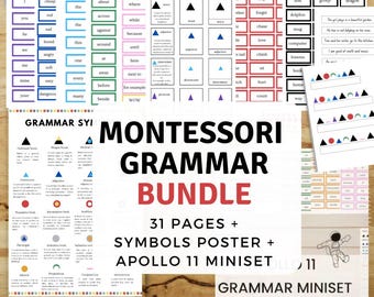 PAQUETE de gramática Montessori: tarjetas, palabras, póster y miniunidad del Apolo 11