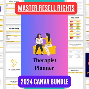 PLR Therapist Planner 2024: Canva Therapy Planner Printable and Editable, Self Care Bundle, Meditation Journal, Mental Health Workbook, MRR