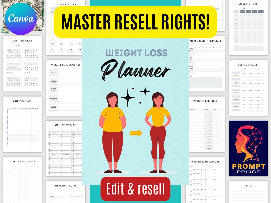 PLR Weight Loss Tracker Canva, PLR Fitness Journal, PLR Weight Loss Planner, Plr Weight Loss
