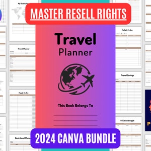 PLR Travel Planner, Vacation planner, Travel Itinerary, Journal, Tracker, Editable Canva Template with Packing List and Master Resell Rights