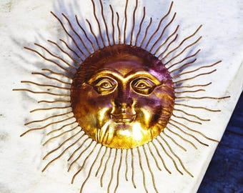 Vintage Metal Sun, Sunburst Wall Decor Mid-Century, Sculpted Face Sunburst