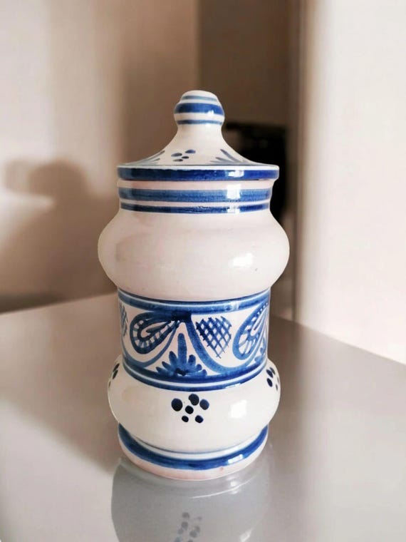 old ceramic tobacco jars Vintage Blue & White Ceramic Jar – Rustic Traditional Style – Vintage  Tobacco Jar