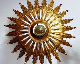 Spanish Mirror. Sun Ceiling Lamp in Gilded Wrought Iron – Authentic Vintage – Mid-Century and Spanish Gothic Style