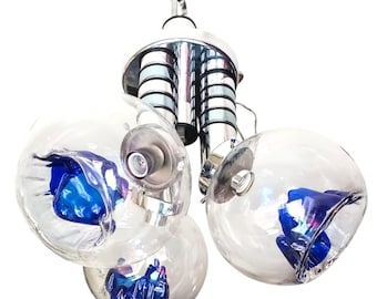 Italian 1970s Vintage Ceiling Lamp, Chrome Chain Pendant, 3 Organic Blown Glass Globes, Cobalt Blue Inclusions, Attributed to Toni Zuccheri