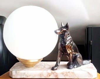 Vintage Art Deco TEDD's Lamp with German Shepherd – Marble Base and Opaline Spherical Shade