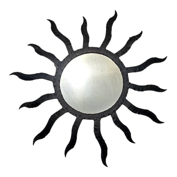 Grand Miroir Soleil En Fer Forgé Noir 40 Cm - Déco Murale Vintage Années 90