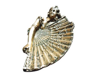 Art Nouveau Brass Tray – Lady & Fan – Vintage Catchall Bowl