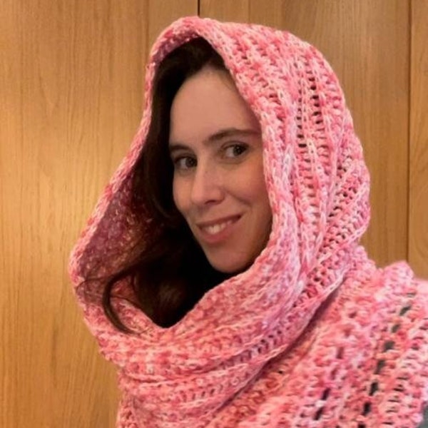 Handmade Crochet Pink Wild Oleander Hooded Scarf. Unisex Scarf.