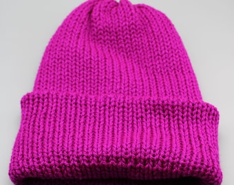 Handmade Knitted Double Layered Pink Hat with Folded Brim.
