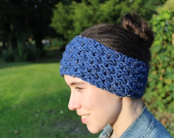 Handmade Knitted Headband. Deep Blue Earwarmer