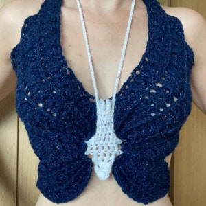 Handmade Crochet Butterfly Top - Y2K Inspired - Sparkly Navy Blue Wings, White Body - Summer Fairy Barbie Style