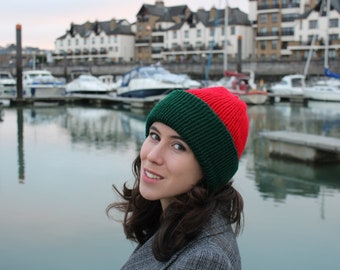 Handmade Knitted Reversible Double Layered Red and Green Hat with Folded Brim