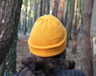 Handmade Knitted Double Layered Yellow Hat With Folded Brim