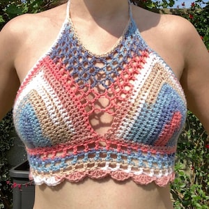 Handmade Multicolour Pastel Crochet Halter Crop Top